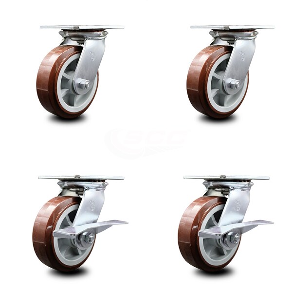 6 Inch Polyurethane Swivel Caster Set with Ball Bearings 2 Brakes